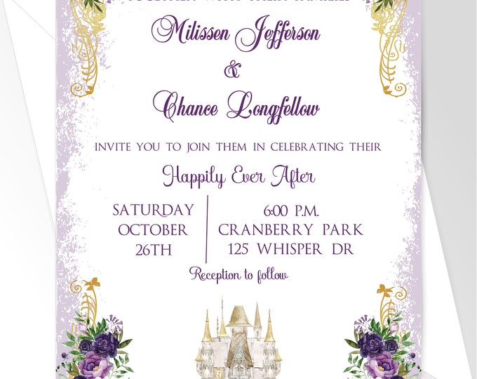 Purple Gold Castle Wedding Invitation | Wedding Invitation | Calligraphy Wedding Invitation | Lovebirdslane I-0825-1