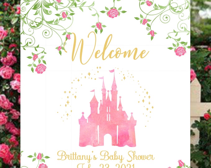 Pink Disney Castle Floral Wedding Welcome Sign Guest Book Alternative Bridal Shower or Baby Shower Welcome Sign Unique Wedding Guestbook S6