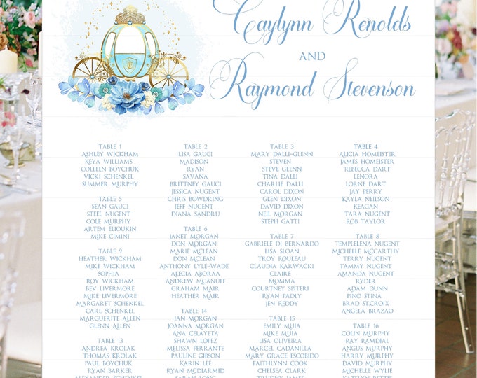 Blue Cinderella Carriage Wedding Seating Table Sign Cinderella Seating Chart Wedding Welcome Sign S-0801P