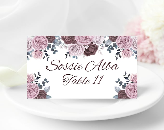 Blush Burgundy Rose Place Cards Sweet 16 Birthday Place Cards Mod Party Place Cards Royal Wedding Place Cards #PC528-2