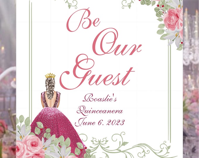Digital Pink Belle Rose Quince Welcome Sign Guest Book Alternative Quinceañera | Unique Wedding Guestbook #GB-122622