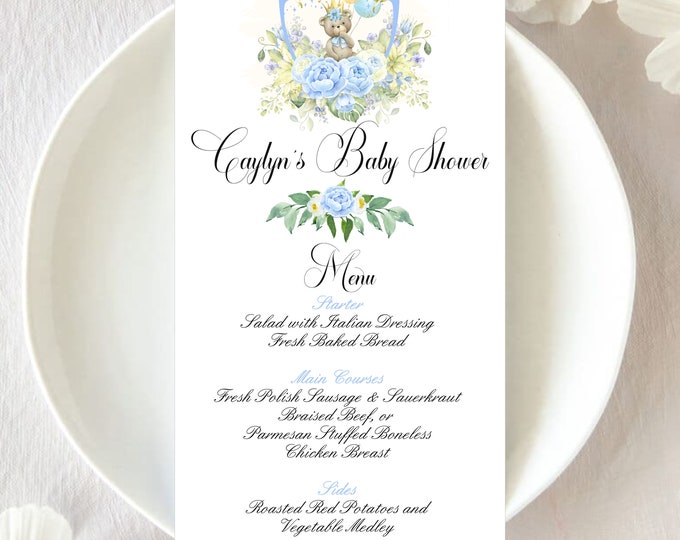 Menu Cards | Baby Boy Blush Paperie Menus | Blush Blue Floral Seating Place Menu | Table Menu Baby Shower #220705-7