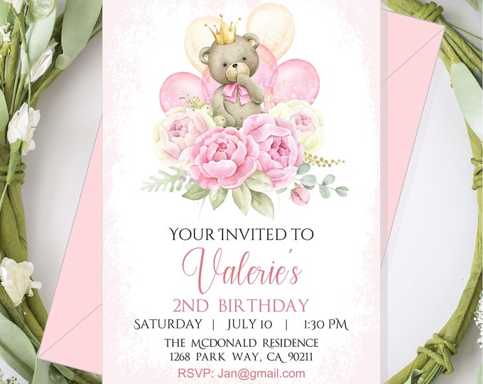 Pink Teddy Bear Birthday Invitation Girl Baby Shower Party Invite #I223P-9