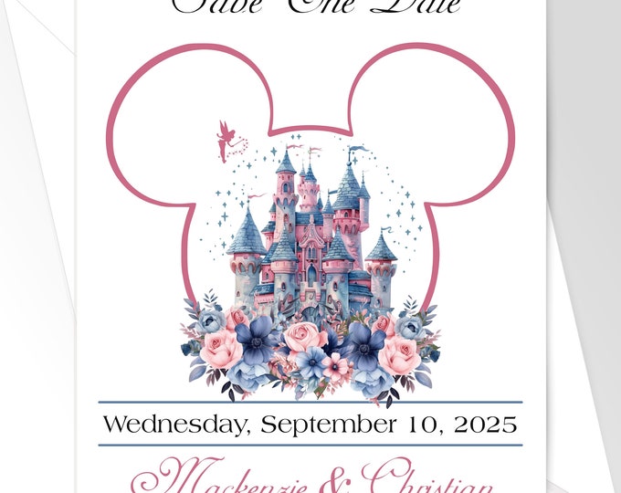 Personalized Enchanted Castle Fairytale Wedding Save The Date Card | Blush Rose Princess Wedding Invitation | Calligraphy Wedding Invitation