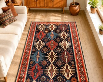 Washable Area Rug, Vintage Persian Rug, Living Room Rug, Blue Pink Oushak Style Rug, Low Pile Turkish rug
