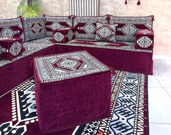 Modular L-Shape Floor Couch , Moroccan Floor Sofa Set , Arabic Majlis Seating 12 inch thick