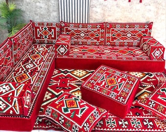 L-formad golvsittplats arabisk Majlis soffgrupp - 8 tum tjock, marockansk golvsoffgrupp, soffa