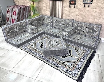 Moroccan Couch Floor Sofa Set , Arabic Majlis Seating Modular L-Shaped  Couch