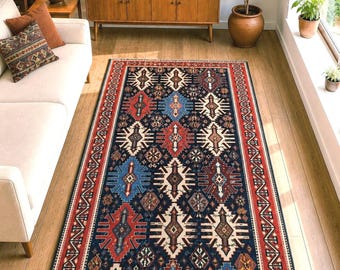 Washable Area Rug, Vintage Persian Rug, Living Room Rug, Blue Pink Oushak Style Rug, Low Pile Turkish rug