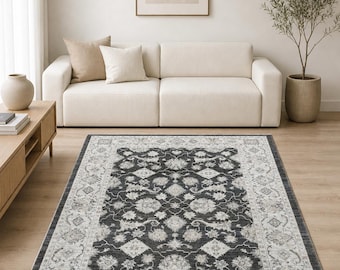 Gray Turkish rug Washable Area Rug, , Living Room Rug, Blue Pink Oushak Style Rug, Low Pile