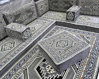 Gray Moroccan Couch Floor Sofa Set , Arabic Majlis Seating Modular L-Shaped  Couch