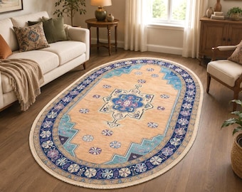 Oval Sage Green & Aqua Blue Rug, Vintage Turkish Oushak, Peach Beige Area Rug, Navy Floral Carpet, Washable Printed Boho Decor