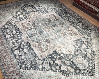 Turkish rug Washable Area Rug, Vintage Persian Rug, Living Room Rug, Blue Pink Oushak Style Rug, Low Pile