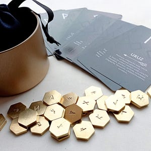 Elder Futhark Runes Divination Set, Hand Stamped Brass Hexagon RUNES, Divination Deck, pendulum, Velvet Mat & Velvet bag.