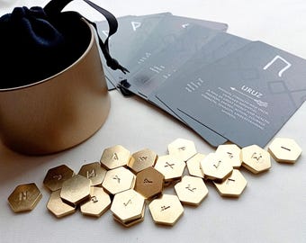 Elder Futhark Runes Divination Set, Hand Stamped Brass Hexagon RUNES, Divination Deck, pendulum, Velvet Mat & Velvet bag.