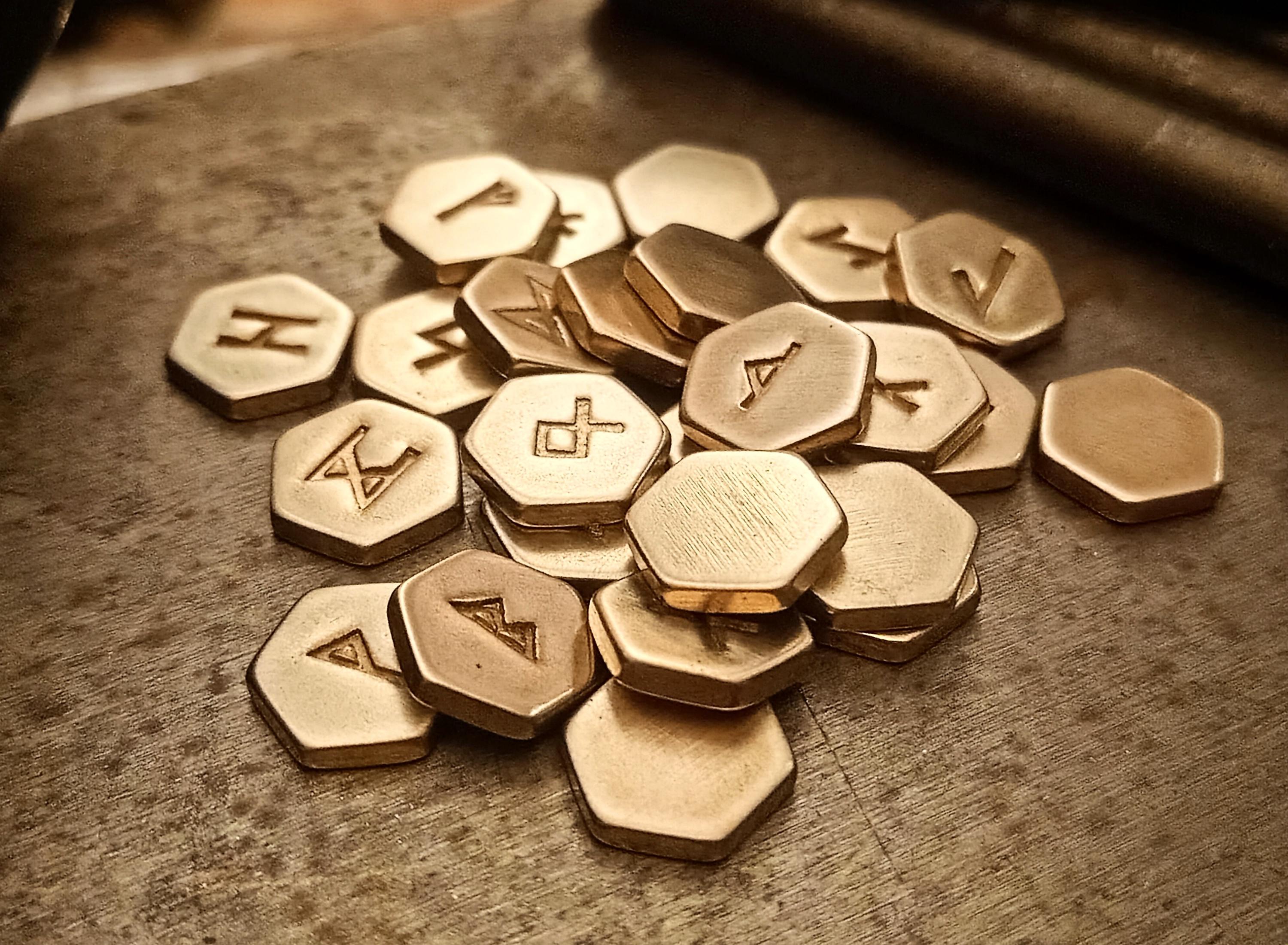Hexagon Rune Elder Futhark Runes; Hand Stamped Brass Hexagon Set With Keychain, Rune ...