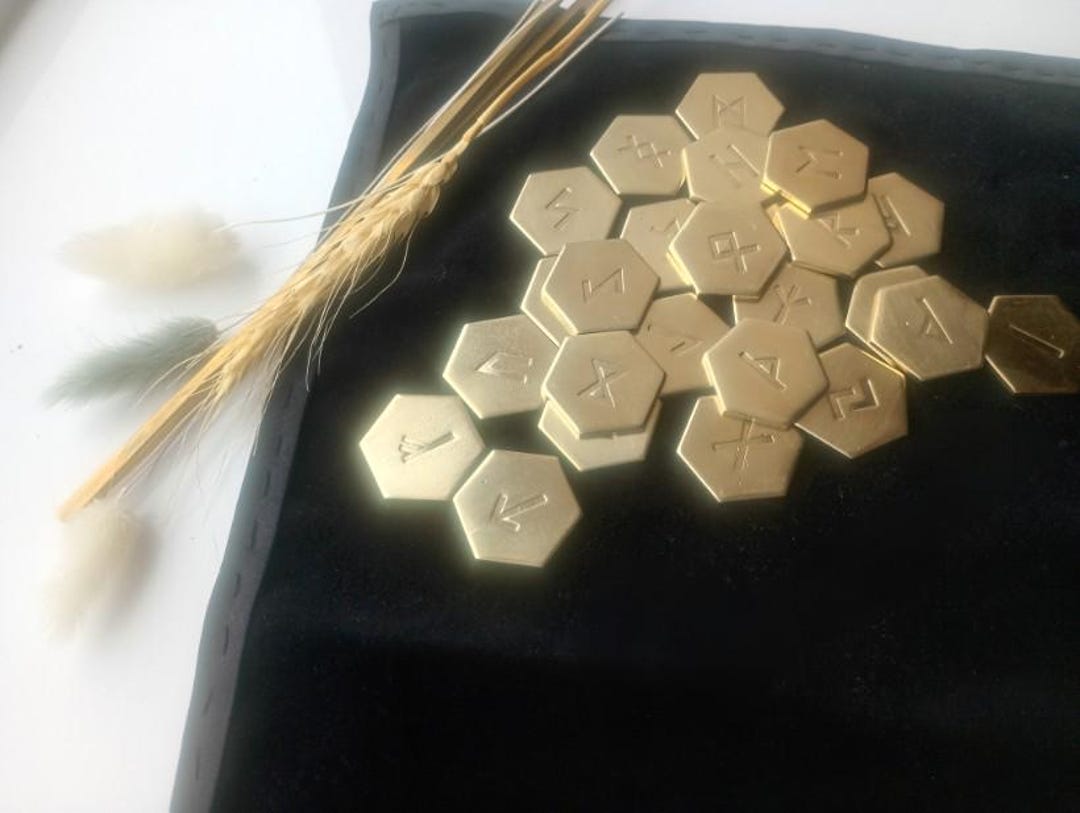Elder Futhark Brass Runes Set, Hand Stamped, Oracle Deck, Velvet Bag ...