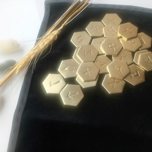 Elder Futhark Brass Runes Set, Hand Stamped, Oracle Deck, Velvet Bag, Mat, Pendulum