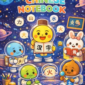 May include: A colorful illustration of a "Chinese Notebook" with cartoon characters in space suits. The image features a yellow character holding a book with Chinese characters, surrounded by other characters and planets.