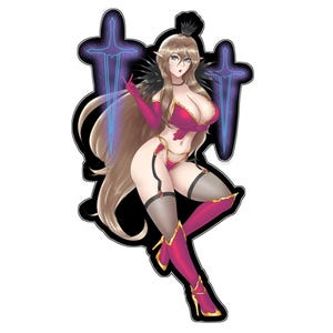 May include: A digital illustration of a female fantasy character in a red outfit with gold accents. The character has long blonde hair, pointed ears, and is holding up two fingers. Two glowing blue swords are behind her.
