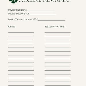 Puede incluir: Una hoja imprimible de color crema con el texto "AIRLINE REWARDS" y un logotipo de hoja. Incluye campos para la información del viajero y los detalles de las recompensas de la aerolínea. La esquina inferior derecha tiene el texto "Bergamot Goods Organize your life beautifully."
