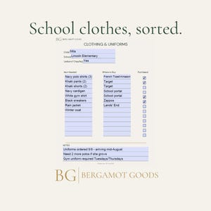 Könnte beinhalten: Eine digitale Schulkleidungs-Checkliste mit dem Titel School clothes, sorted. Das Formular enthält Felder für den Namen des Kindes, die Schule und den Uniformstatus sowie Spalten für benötigte Artikel, Bezugsquellen und Kauf-Checkboxen.