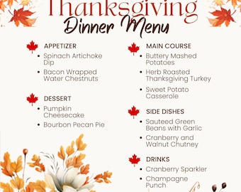 Elegant Thanksgiving Menu Printable | Autumn Dinner Decor (Digital Download)