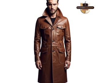 May include: A brown leather trench coat with a wide collar, button-down front, and multiple pockets. The coat is knee-length and appears to be made of high-quality leather. The logo "LEATHERDESIGNSPK" is in the upper right corner.