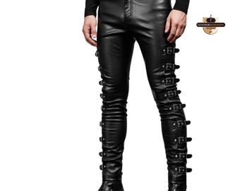 Pantalones de cuero negro con correas de hebilla / Moda de lujo hecha a mano / XS-5XL / Pantalones ajustados a medida con bolsillos y detalles de costura