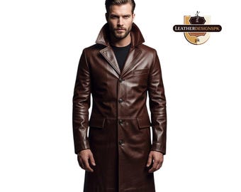 May include: A brown leather coat with a wide collar and button closure. The coat has a tailored fit and a classic design. The image includes the text "LEATHERDESIGNSPK pk".