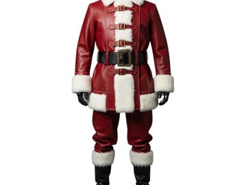 May include: A red leather Santa suit featuring a white faux fur trim on the collar, cuffs, and hem. The jacket includes four gold-toned buckle closures down the front and a wide black belt with a large gold-toned buckle. Black boots complete the set.