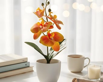 Artificial Butterfly Orchid Bonsai - Realistic Faux Phalaenopsis Silk Plant in Modern Pot for Home Office Desk Decor, No Maintenance Gift