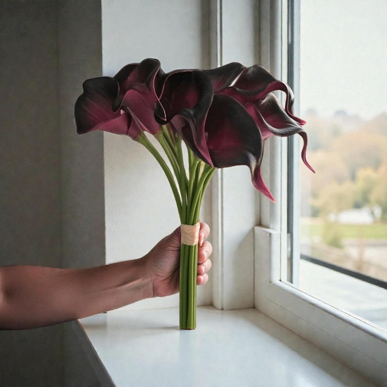 May include: A bouquet of dark burgundy calla lilies with green stems, held together with a tan band. The flowers are in full bloom, with a deep, rich color. The bouquet is positioned near a window, with a blurred outdoor view in the background.