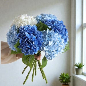 May include: A bouquet of blue and white hydrangea flowers with green stems and leaves. The flowers are in varying shades of blue, from light to dark, and the white flowers are clustered together. The bouquet is held in a person's hand.