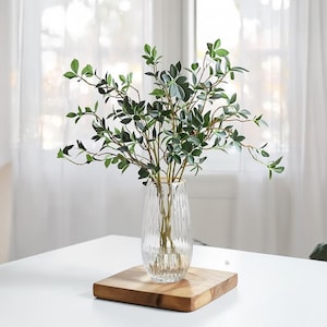 May include: A clear glass vase with a ribbed design holds green leafy branches. The vase sits on a small, square wooden board. The background features a white table and a sheer white curtain.
