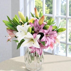 41cm Artificial Silk Lily Bouquet - Realistic Faux Lilies for Wedding Bridal Decor & Home Vase - Memorial Floral - Pet Safe White Lily