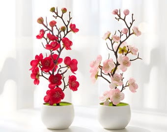 Plum Blossom Artificial Bonsai Tree, Mother’s Day Gift, Small Faux Potted Plant, Desk Decor, Aesthetic Office Table Ornament, Home Decor