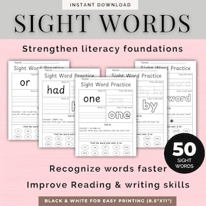 Op de afbeelding: Een verzameling afdrukbare "Sight Word Practice" werkbladen. De zwart-wit pagina's bevatten woorden als "or", "had", "one" en "by", met oefeningen om de leesvaardigheid te versterken. Bevat 50 woorden.