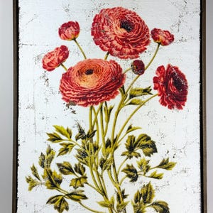 May include: A framed floral print featuring red flowers with yellow centers and green leaves against a distressed white background. The flowers are the focal point, with detailed petals and a vintage aesthetic. The frame is a dark brown color.