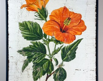 Textured Tropical Orange Hibiscus Wall Art | Hand Crafted Jute & Gesso Artwork | Vintage Orange Flower