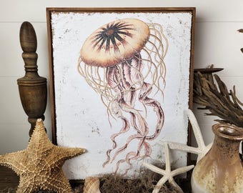 Vintage Textured Jellyfish Artwork | Luxury Hand-Crafted Coastal Cottage Wall Decor | Jute & Gesso