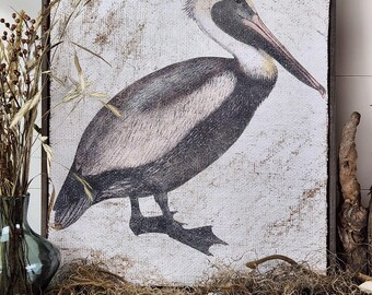 Coastal Pelican Textured Artwork | Vintage Luxury Coastal Cottage Wall Decor on Jute & Gesso