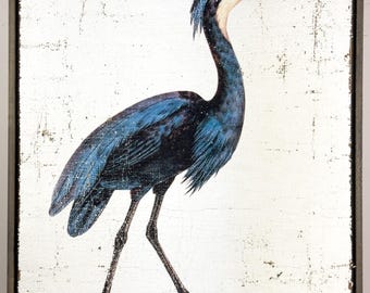 Blue Egret Textured Artwork | Vintage Luxury Coastal Cottage Wall Decor on Jute & Gesso