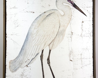 White Egret Textured Artwork | Vintage Luxury Coastal Cottage Wall Decor on Jute & Gesso