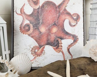 Vintage Textured Octopus Artwork | Luxury Hand-Crafted Coastal Cottage Wall Decor |