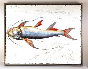 Gafftopsail Catfish Textured Artwork | Luxury Lake Cottage Wall Decor on Jute & Gesso
