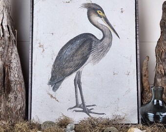 Silver Mystic Heron Textured Artwork | Vintage Luxury Coastal Cottage Wall Decor on Jute & Gesso