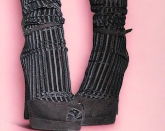 Midnight Black Striped Velvet Ankle Socks - Retro Glam