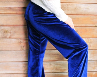 navy blue velvet pants womens