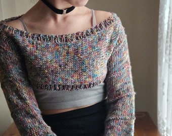 Crop-top bolero handknitted jumper. Multi-colour, long sleeve. Off the shoulder. Wide sleeve, Boho style in chunky yarn. Knitted shrug.